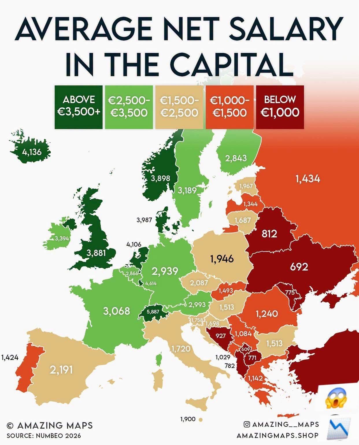 Mappa dei salari netti medi nelle capitali europee nel 2026